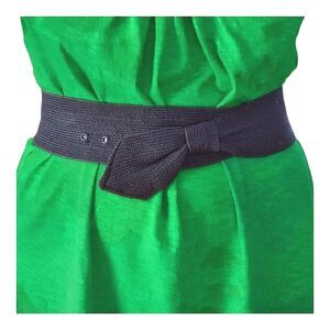 Black Wide Cinch Belt Fabric Weave Hook Closure Faux Tie S/M